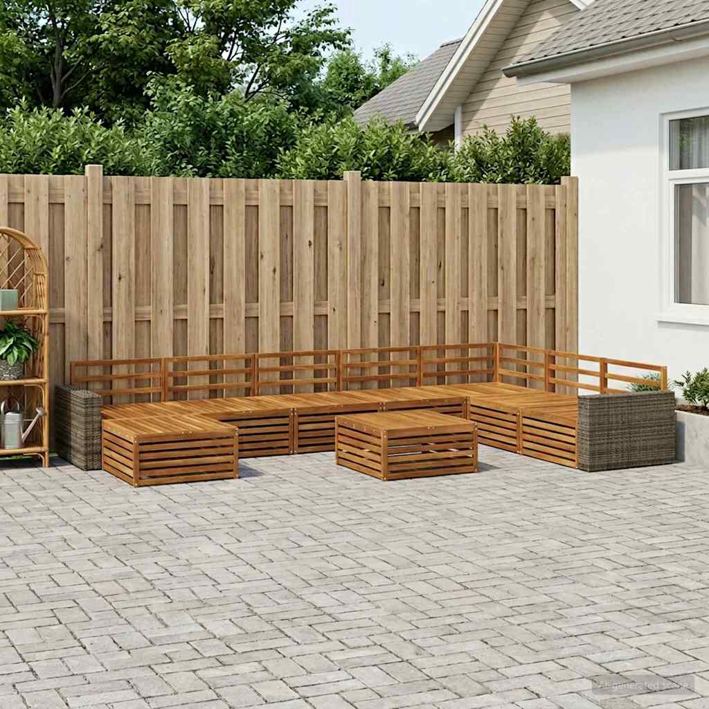 Outdoor Sofa Set 9 pcs Natural Solid Acacia Wood Metal frame with grey rattan