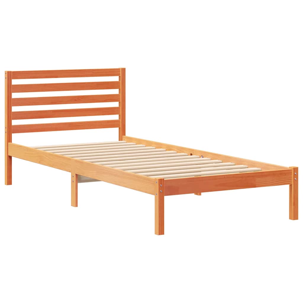 Bed Frame with Headboard Solid Pine Wood Wax Brown Length 210 cm 90 cm