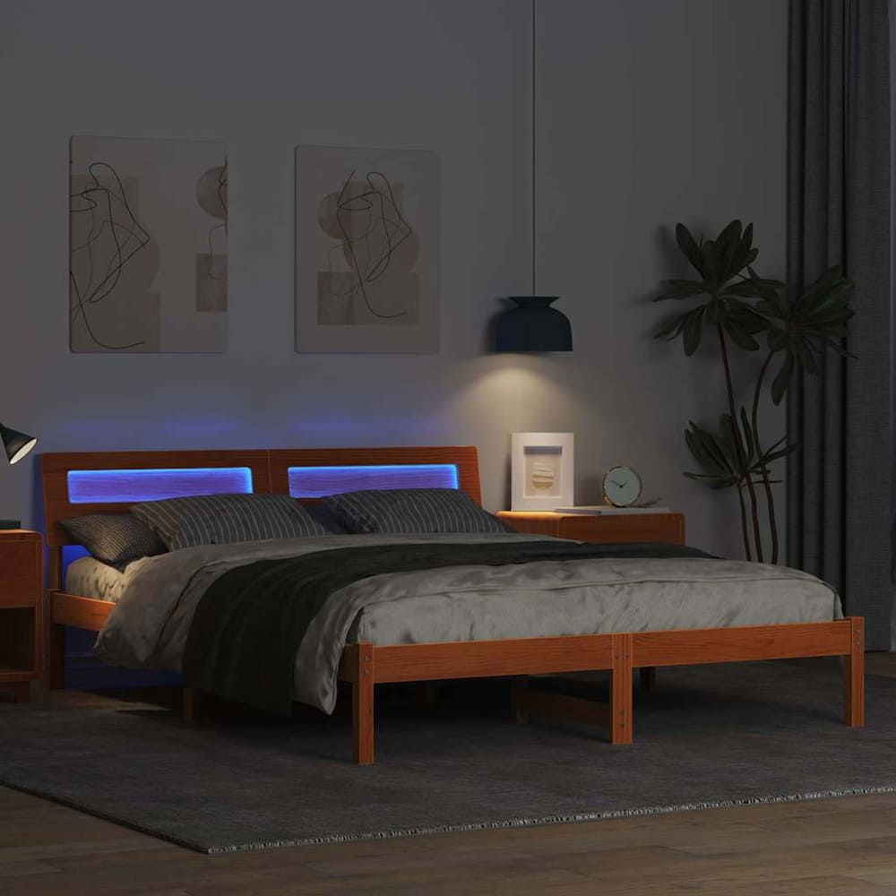 Bed Frame with Headboard Solid Pine Wood Length 200 cm Wax Brown 140 cm