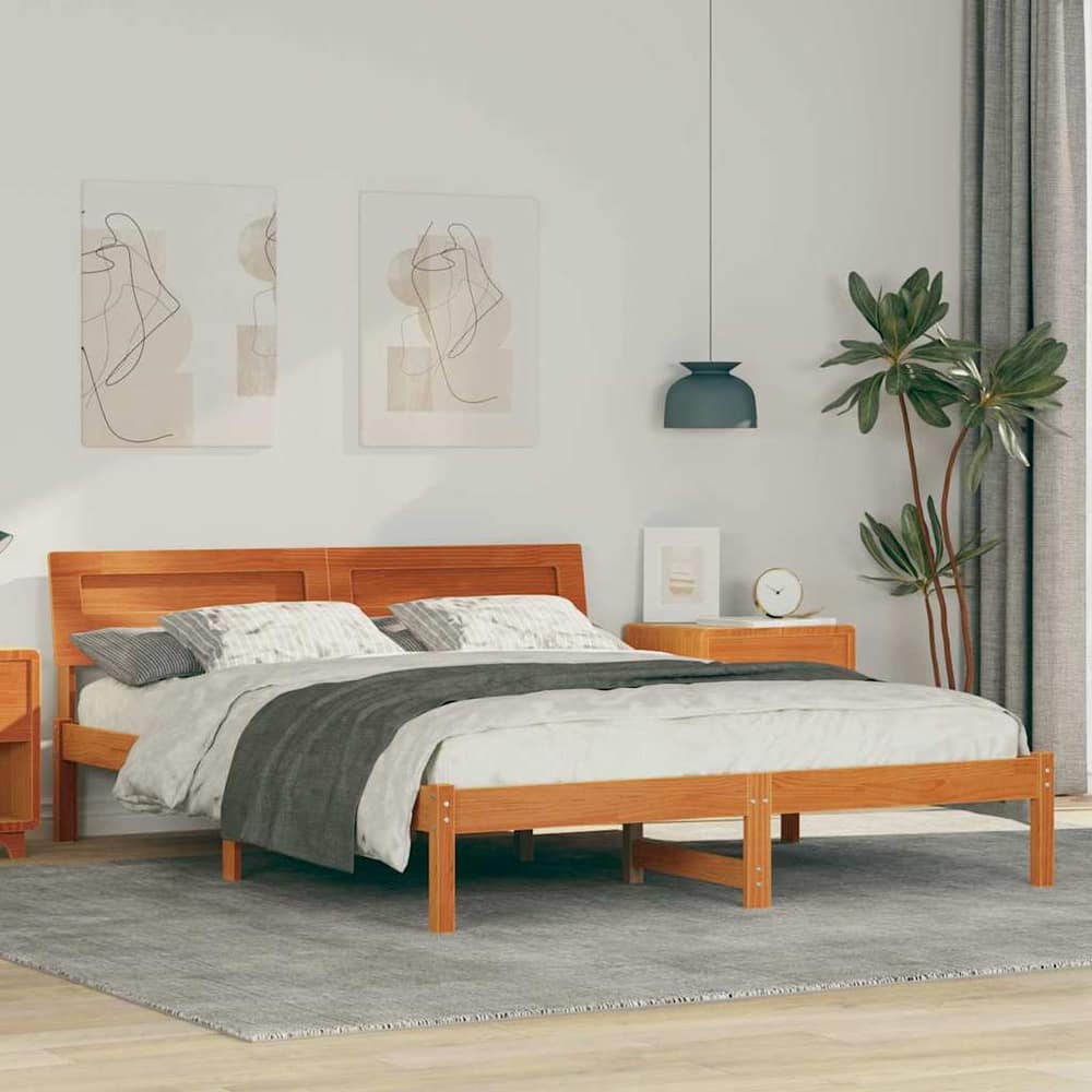 Bed Frame Headboard Solid Pine Wood Length Wax Brown