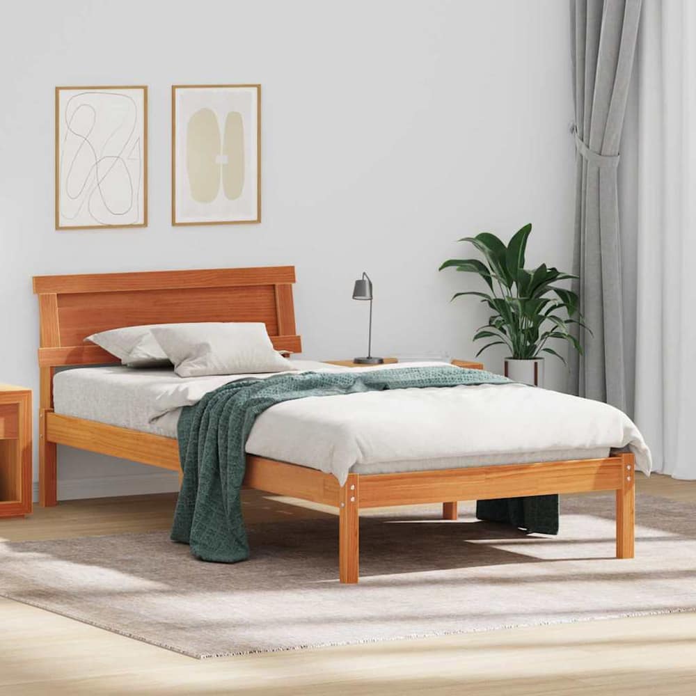 Bed Frame Headboard Solid Pine Wood Length Wax brown
