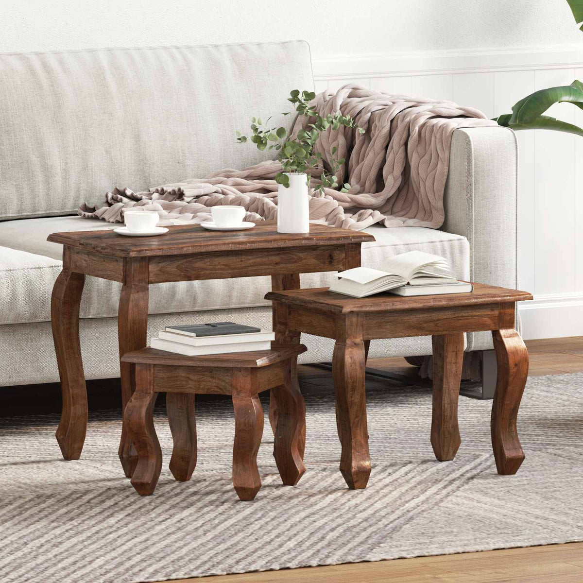 Nesting Table 3 pcs Brown Solid Mahogany wood Natural