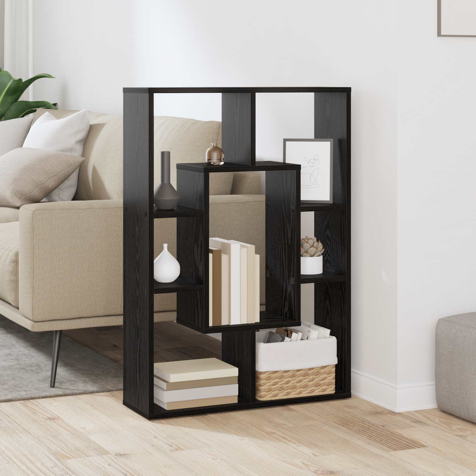 vidaXL Book Cabinet 7-Tier 63 x 20 x 90 cm Engineered Wood Black Oak 1