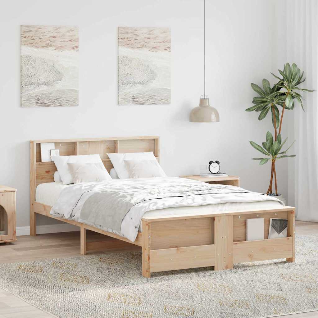 Bed Frame with Shelf Brown Solid Pine Wood Length 200 cm Natural 120 cm