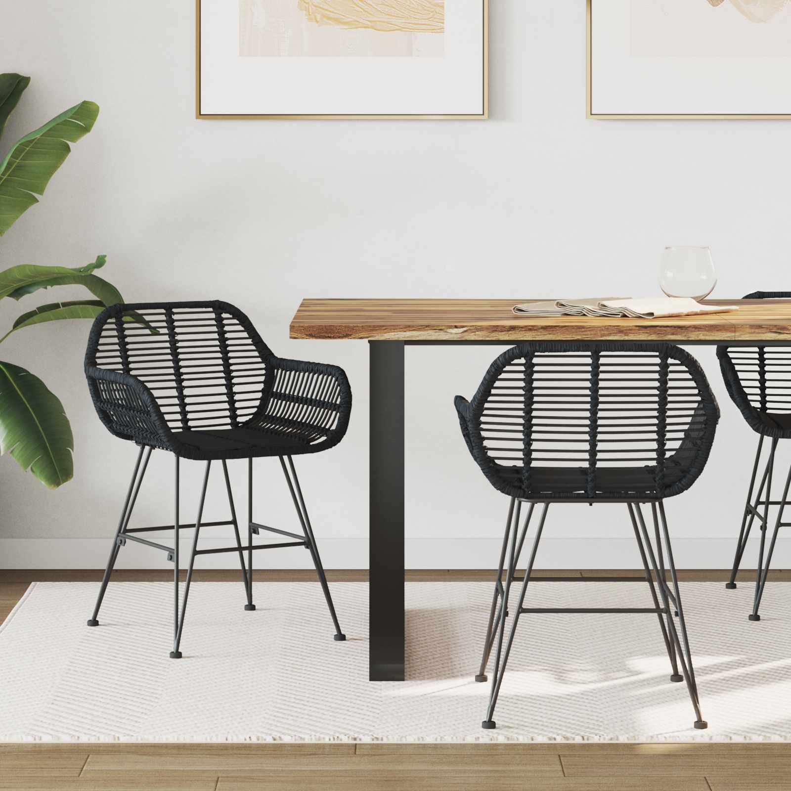vidaXL Dining Chair 2 pcs Rattan and Iron Black 55 x 50 x 74 cm 1