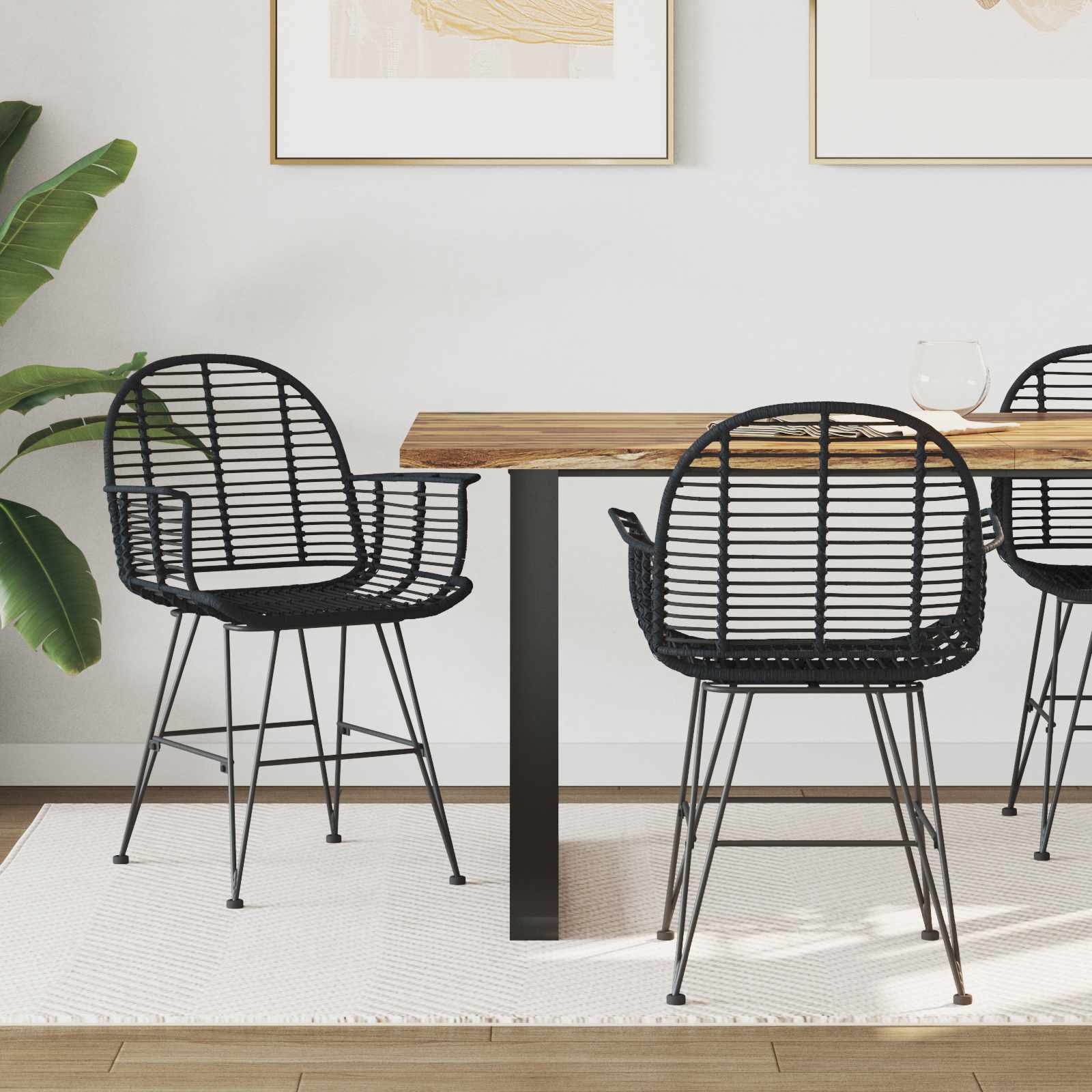 vidaXL Dining Chair 2 pcs Rattan and Iron Black 57 x 55 x 85 cm 1
