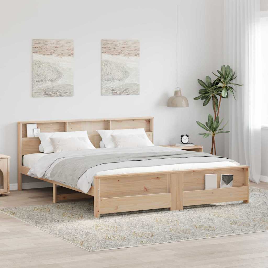 Bed Frame with Shelf Brown Solid Pine Wood Length 200 cm Natural 180 cm