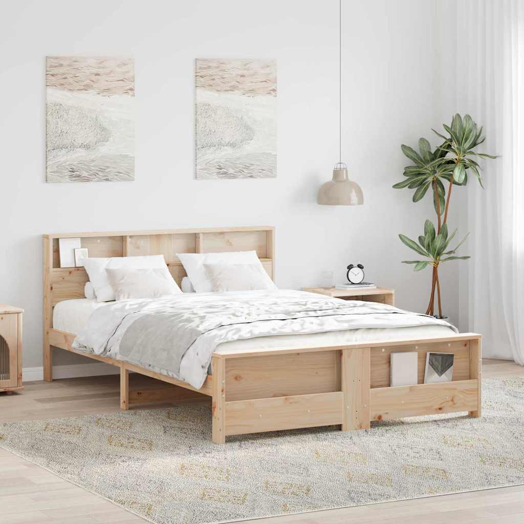 Bed Frame with Shelf Brown Solid Pine Wood Length 200 cm Natural 140 cm