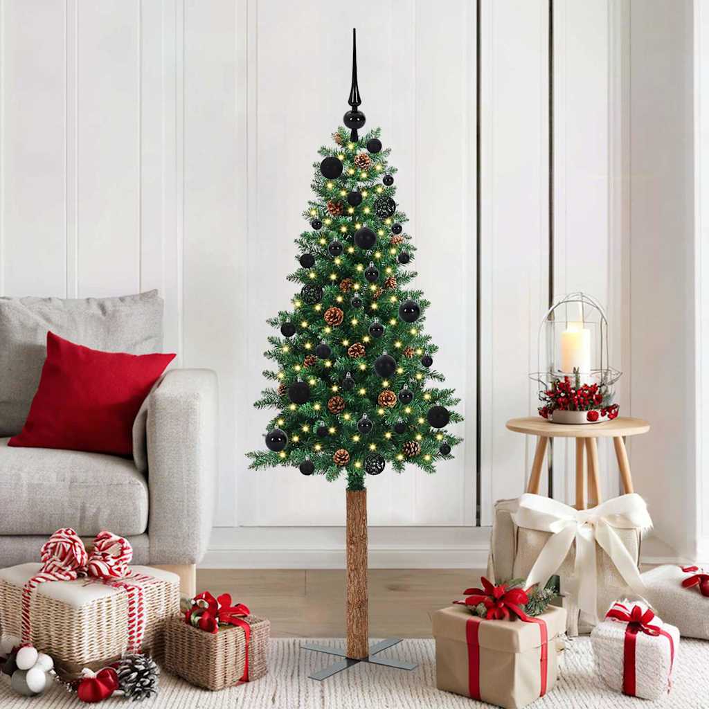 Slim Christmas Tree PVC and Solid Pine wood Green 150 cm with 61 black balls