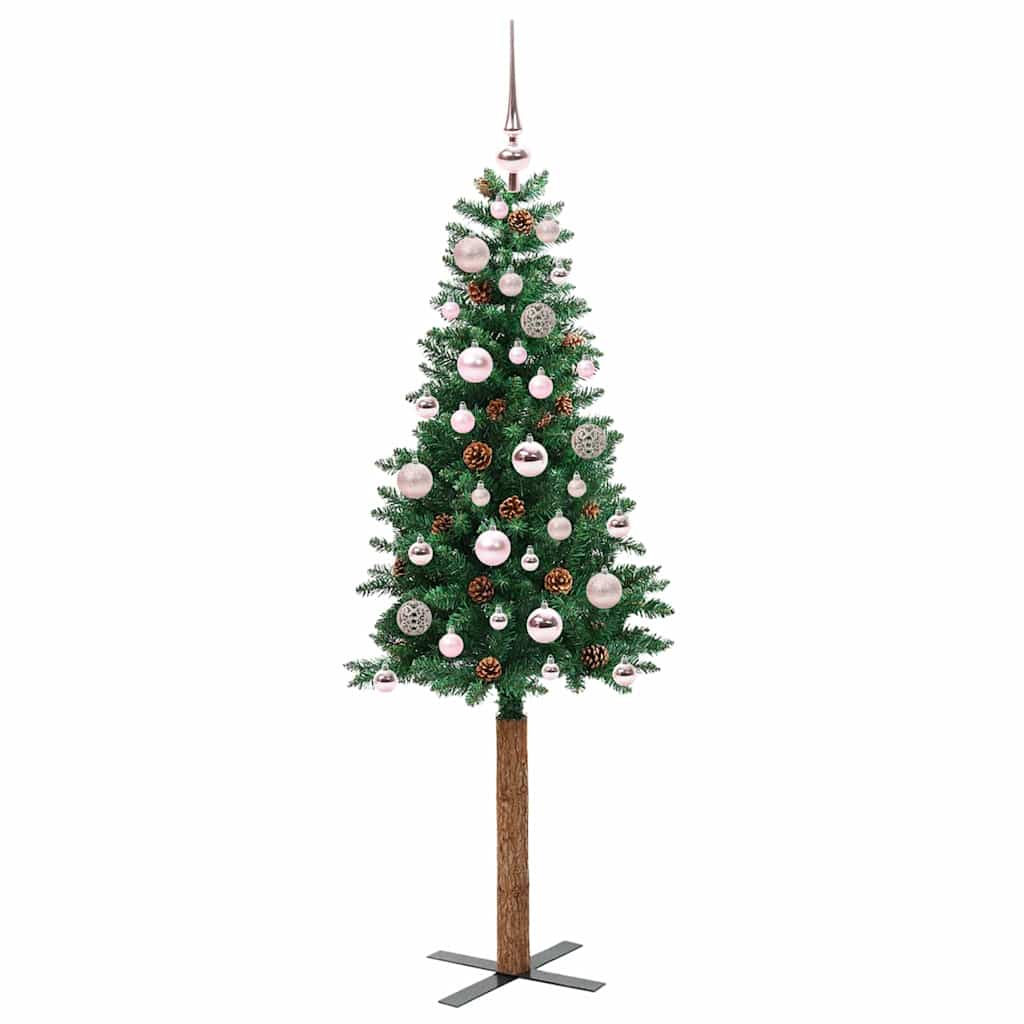 Slim Christmas Tree PVC and Solid Pine wood Green 150 cm with 61 pink balls