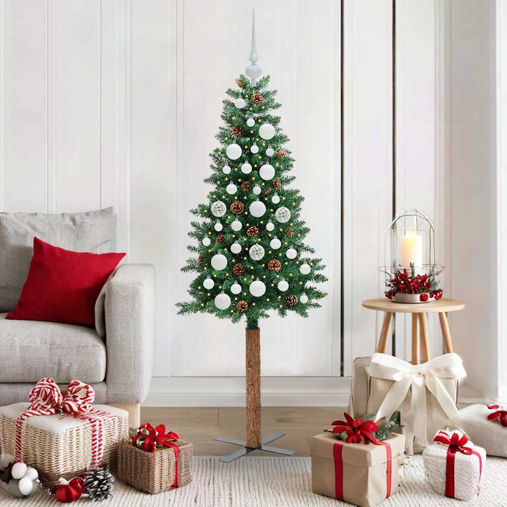 Slim Christmas Tree PVC and Solid Pine wood Green 150 cm with 61 white balls