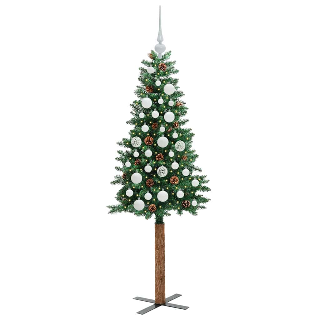 Slim Christmas Tree PVC and Solid Pine wood Green 150 cm with 61 white balls