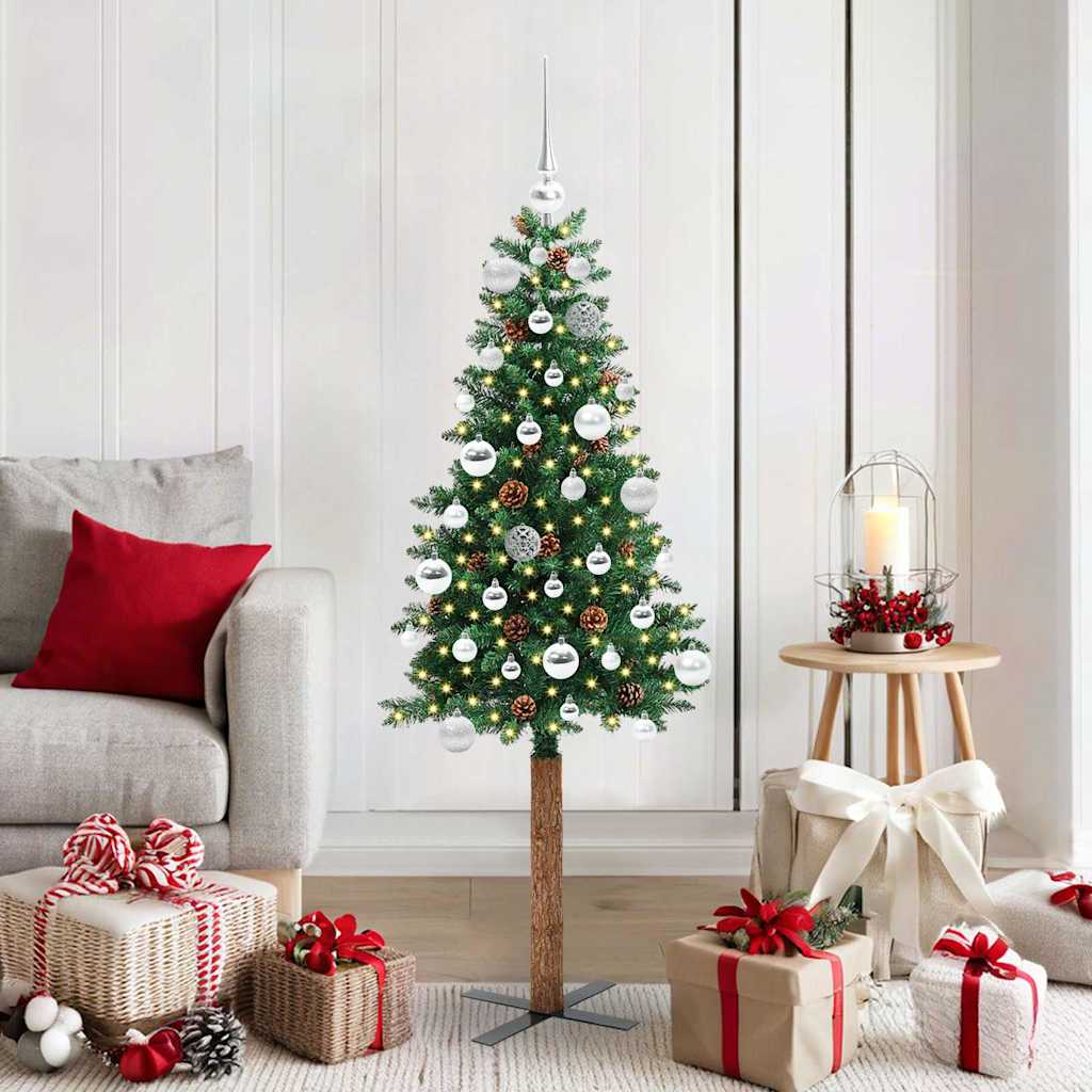 Slim Christmas Tree PVC and Solid Pine wood Green 150 cm with 61 silver balls