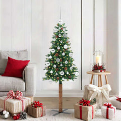 Slim Christmas Tree PVC and Solid Pine wood Green 150 cm with 61 silver balls
