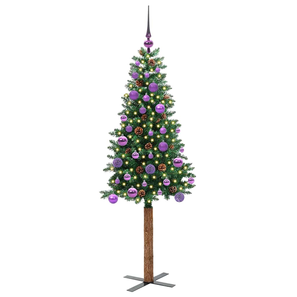 Slim Christmas Tree PVC and Solid Pine wood Green 150 cm with 61 lilac balls