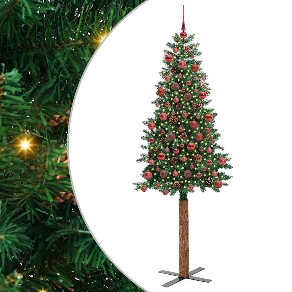 Slim Christmas Tree PVC and Solid Pine wood Green 180 cm with 120 red balls