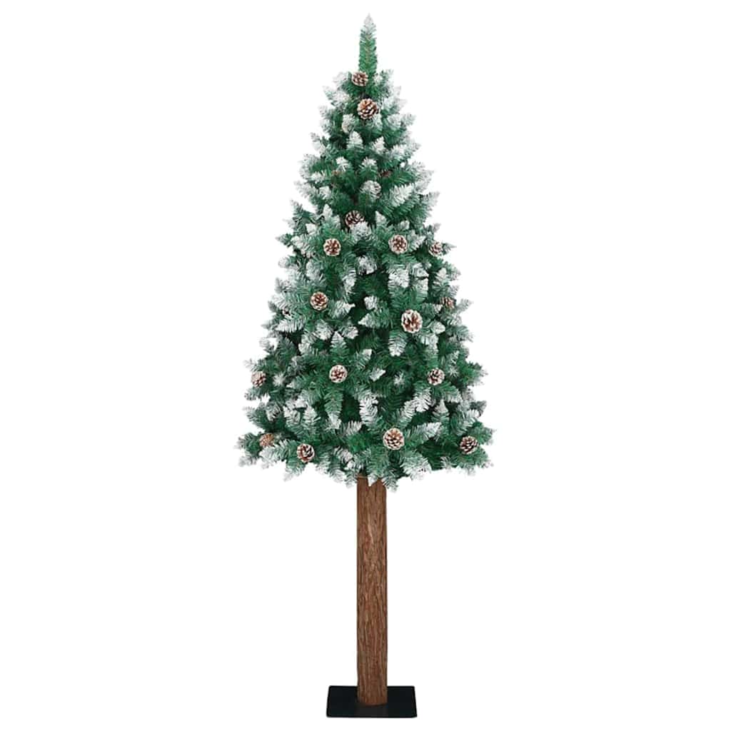 Slim Christmas Tree Green PVC and Solid Pine wood Green and White 180 cm without baubles