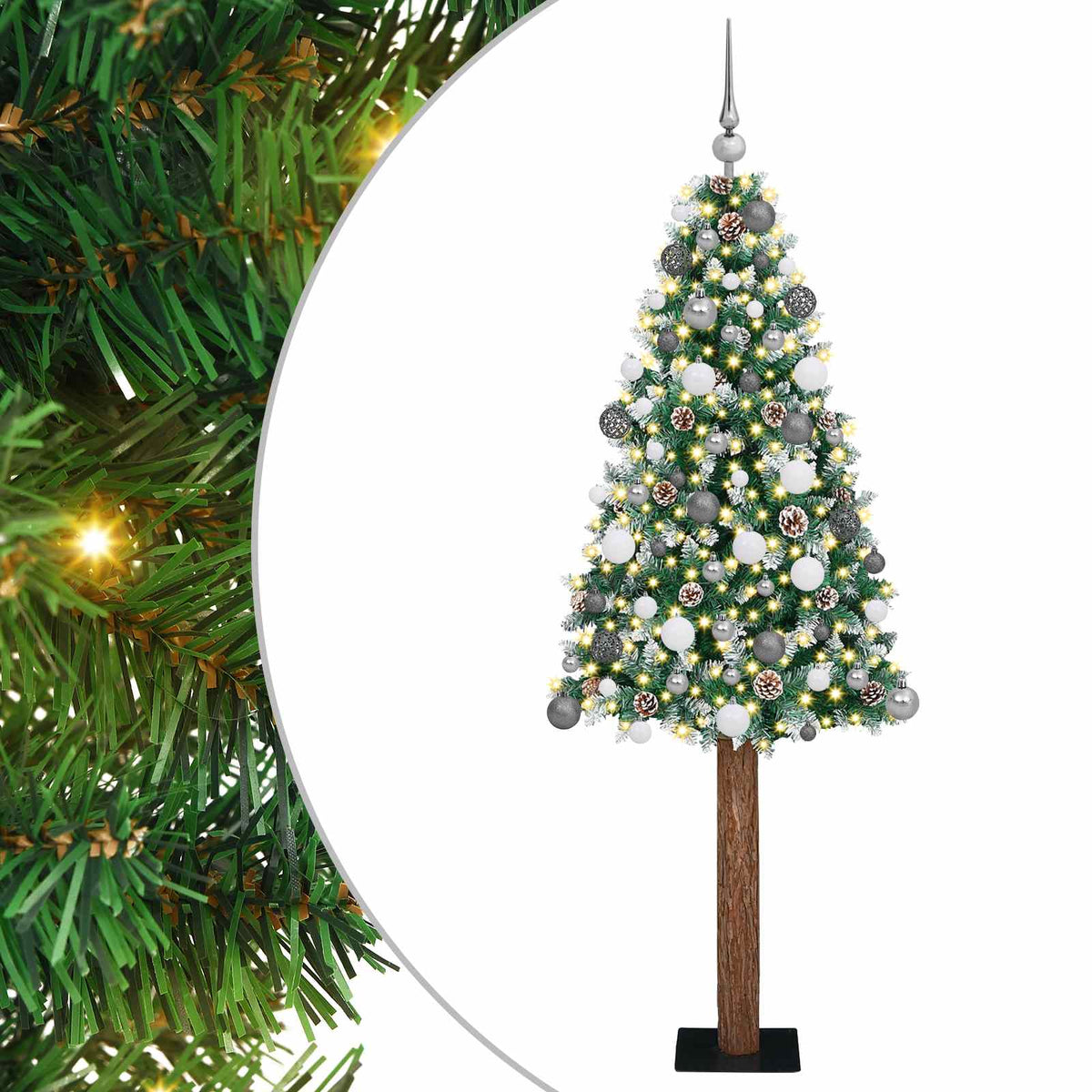 Slim Christmas Tree Green PVC and Solid Pine wood Green and White 180 cm with 120 white/grey balls