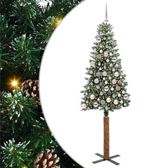 Slim Christmas Tree Green PVC and Solid Pine wood Green and White 180 cm with 120 pink balls
