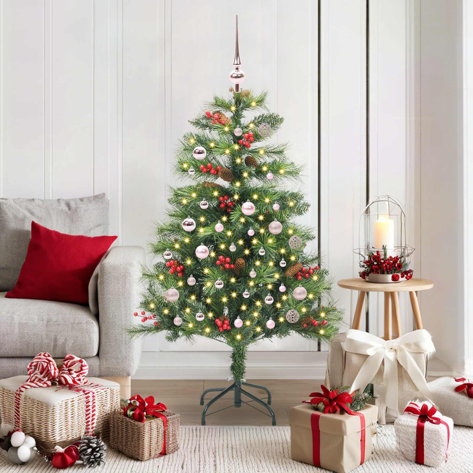 Artificial Christmas Tree 150 LEDs Warm White PVC and Metal 150 cm with LEDs&pink balls