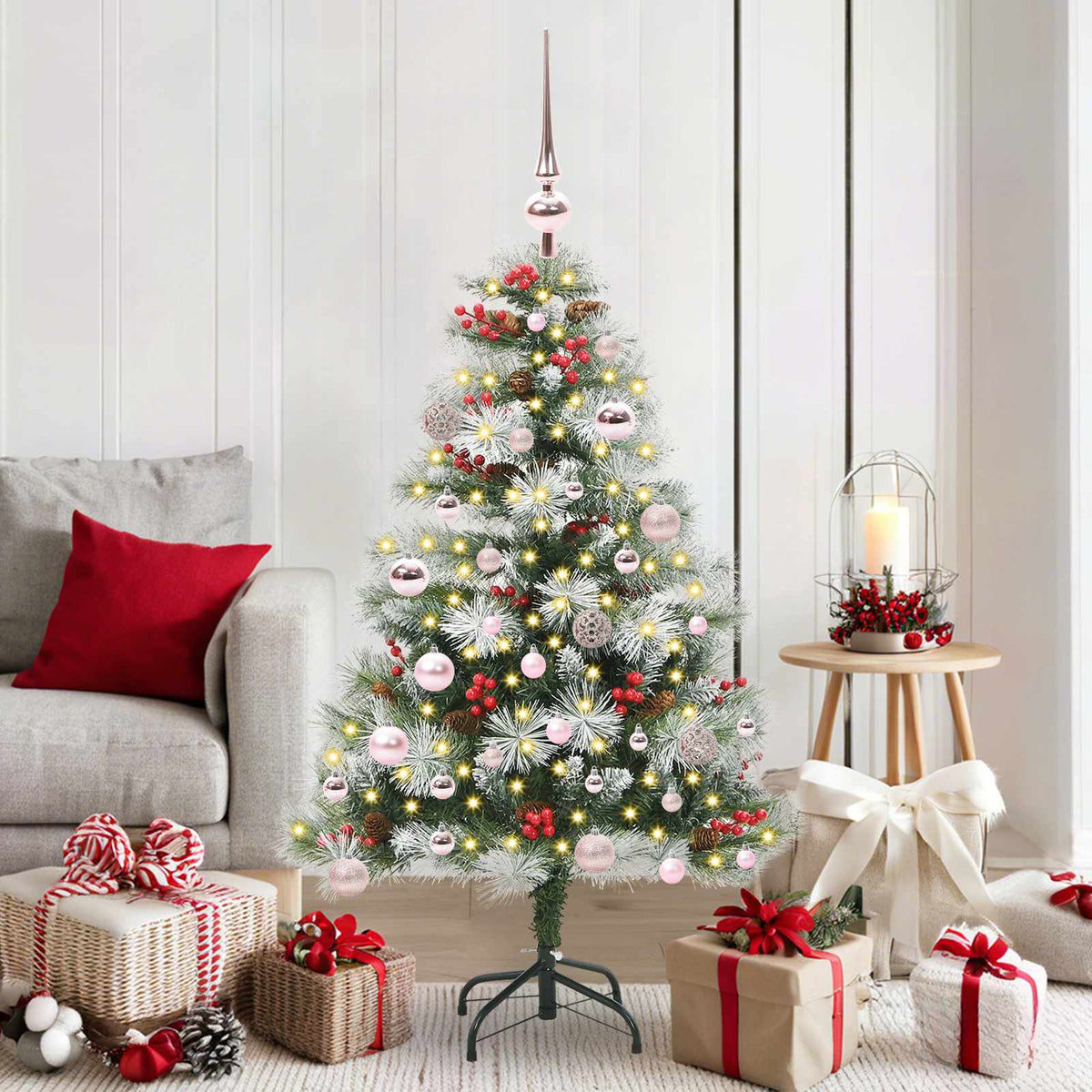 Artificial Christmas Tree Green and white 150 cm with LEDs&pink balls