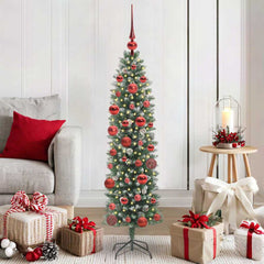 Artificial Slim Christmas Tree Green and White 150 cm with LEDs&red balls