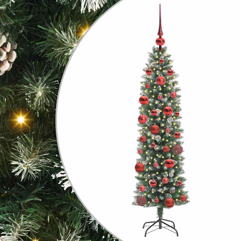 Artificial Slim Christmas Tree Green and White 150 cm with LEDs&red balls