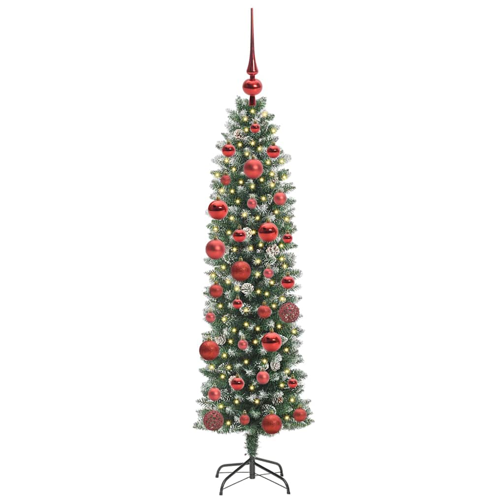 Artificial Slim Christmas Tree Green and White 150 cm with LEDs&red balls