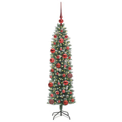 Artificial Slim Christmas Tree Green and White 150 cm with LEDs&red balls