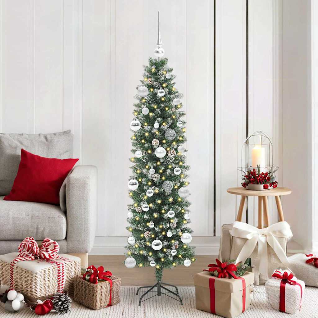 Artificial Slim Christmas Tree Green and White 150 cm with LEDs&silver balls