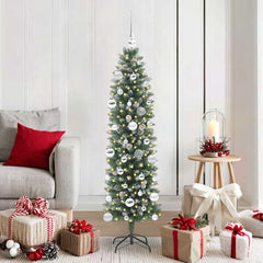 Artificial Slim Christmas Tree Green and White 150 cm with LEDs&silver balls