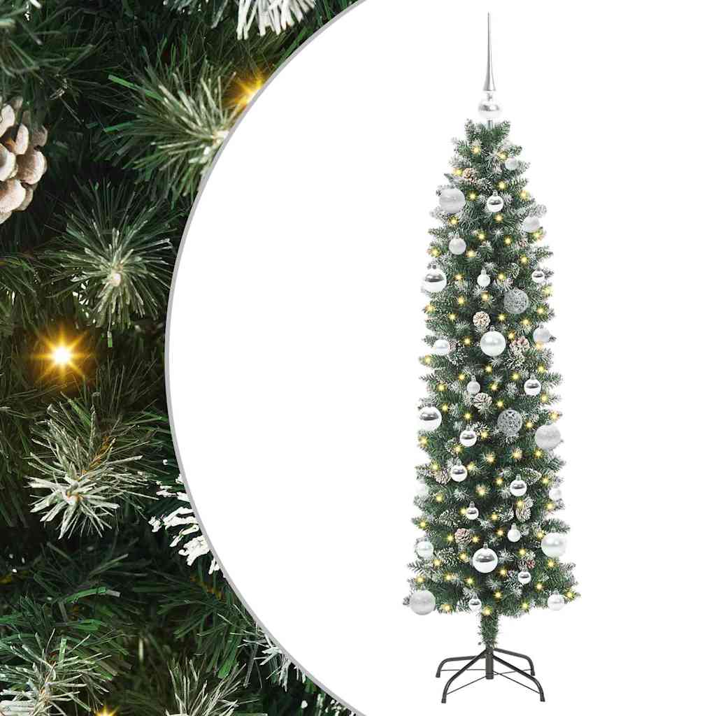 Artificial Slim Christmas Tree Green and White 150 cm with LEDs&silver balls