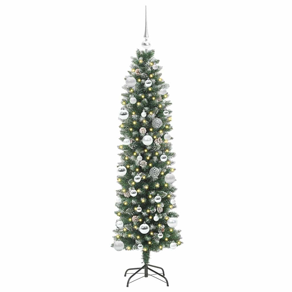 Artificial Slim Christmas Tree Green and White 150 cm with LEDs&silver balls