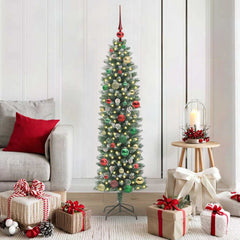 Artificial Slim Christmas Tree Green and White 150 cm with LEDs&multicolour balls