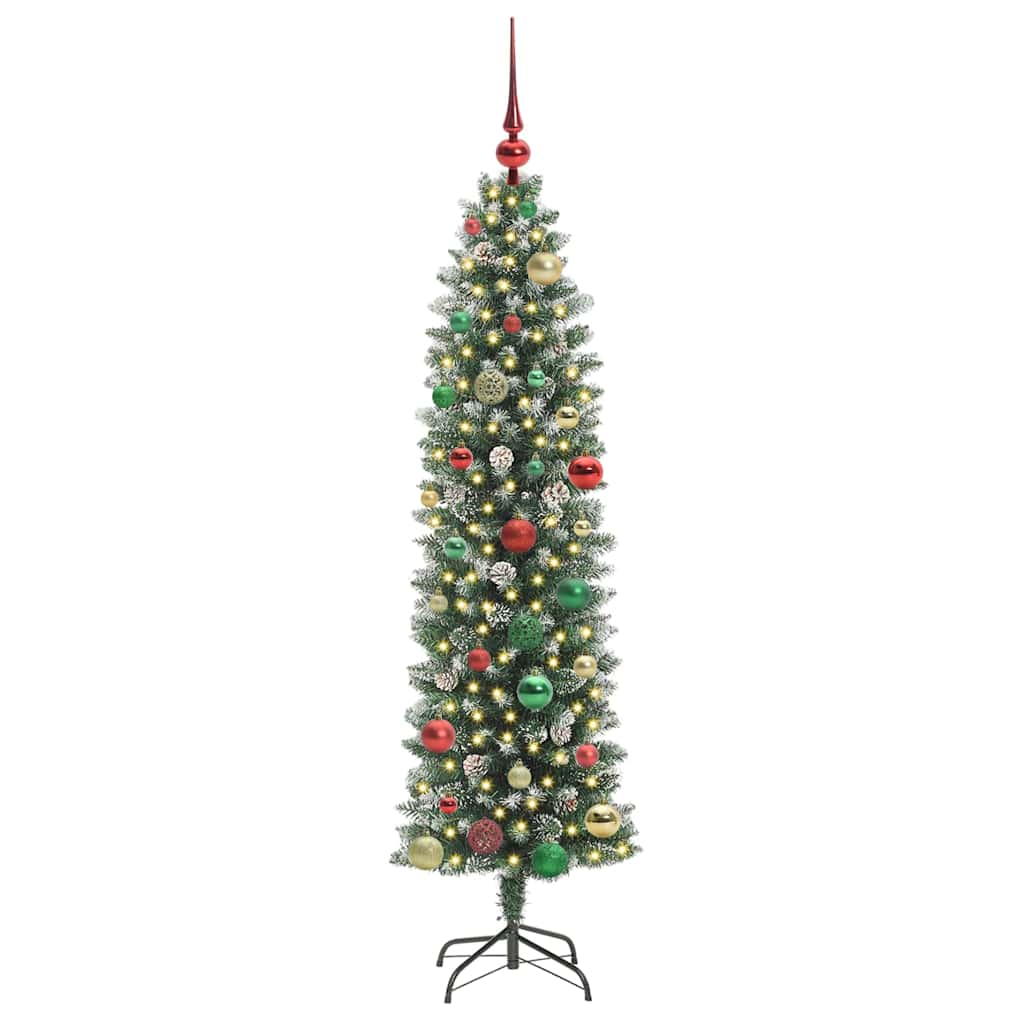 Artificial Slim Christmas Tree Green and White 150 cm with LEDs&multicolour balls