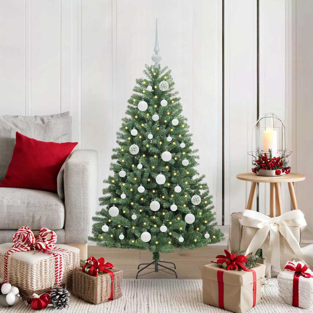 Artificial Hinged Christmas Tree PVC and Metal Green 120 cm with LEDs &white balls