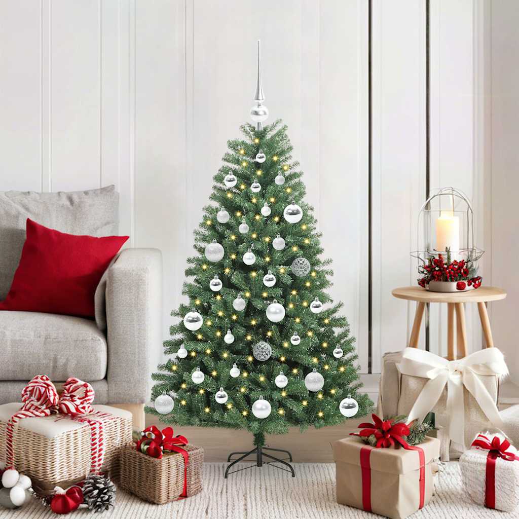 Artificial Hinged Christmas Tree PVC and Metal Green 120 cm with LEDs &silver balls