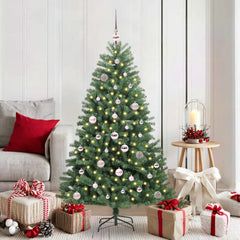 Artificial Hinged Christmas Tree PVC and Metal Green 150 cm with LEDs &pink balls