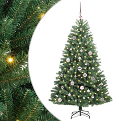 Artificial Hinged Christmas Tree PVC and Metal Green 150 cm with LEDs &pink balls