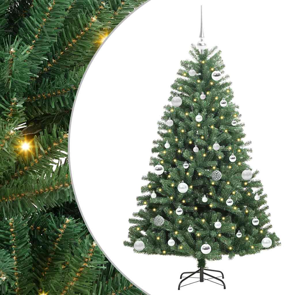 Artificial Hinged Christmas Tree PVC and Metal Green 150 cm with LEDs &silver balls