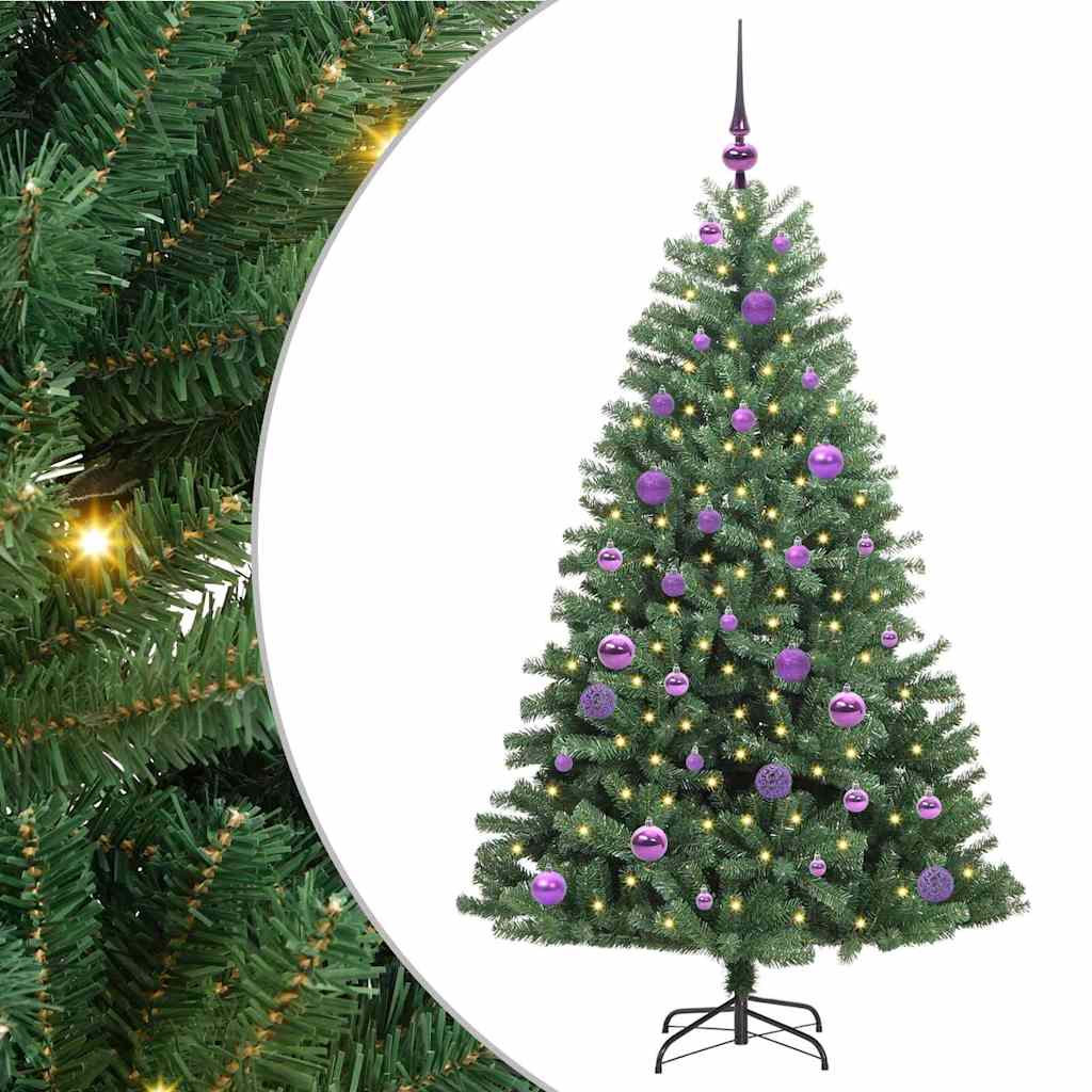 Artificial Hinged Christmas Tree PVC and Metal Green 150 cm with LEDs &lilac balls