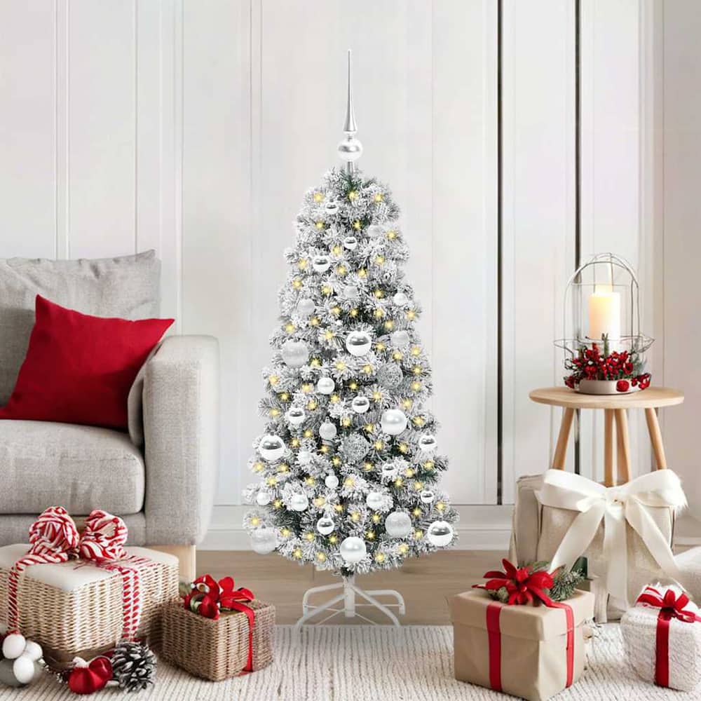 Artificial Hinged Christmas Tree Green and White 120 cm with LEDs &silver balls