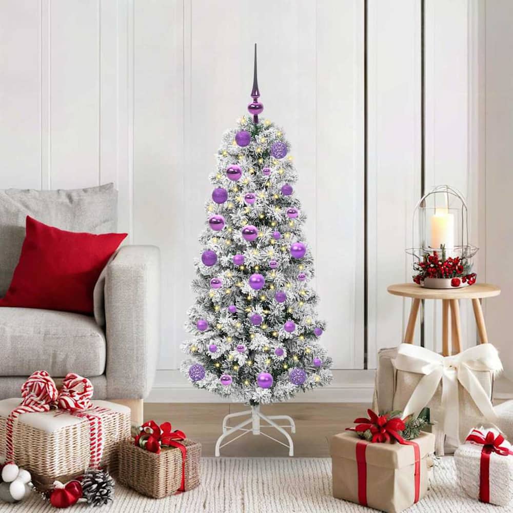 Artificial Hinged Christmas Tree Green and White 120 cm with LEDs &lilac balls