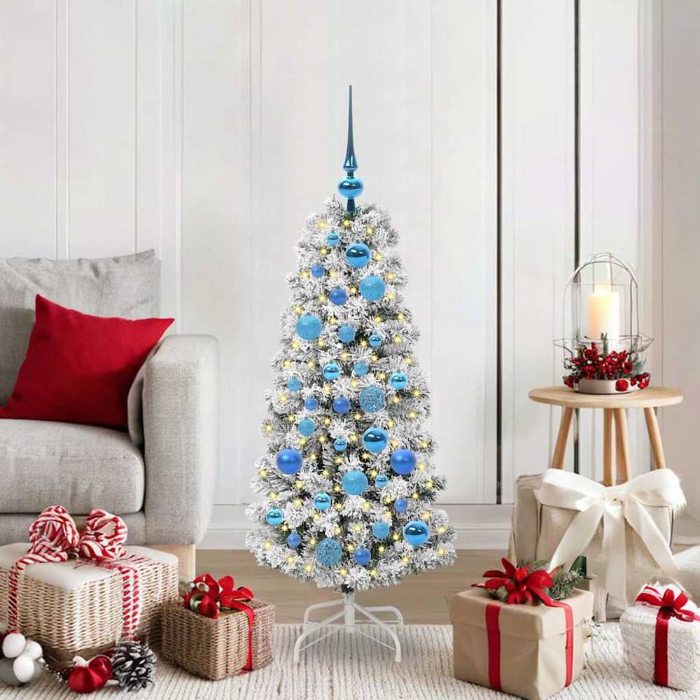 Artificial Hinged Christmas Tree Green and White 120 cm with LEDs &blue balls