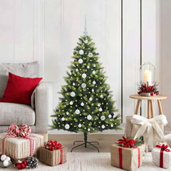 Artificial Hinged Christmas Tree 150 LEDs Green 120 cm with LEDs&white balls