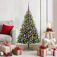Artificial Hinged Christmas Tree 150 LEDs Green 120 cm with LEDs&lilac balls