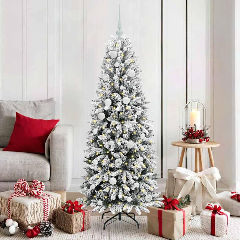 Artificial Christmas Tree White Green and White 150 cm with LEDs &white balls