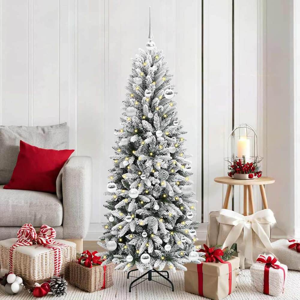 Artificial Christmas Tree White Green and White 150 cm with LEDs &silver balls