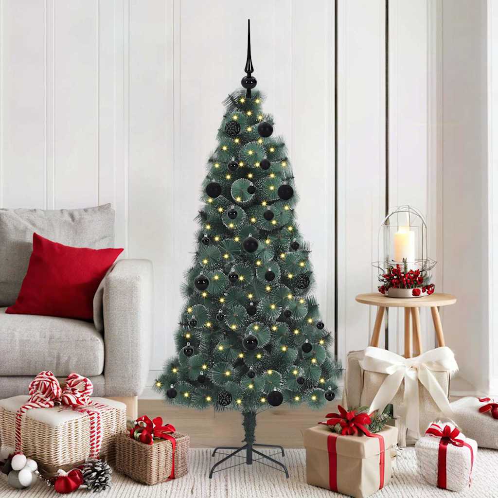 Artificial Pre-lit Christmas Tree with Ball Set Green 150 cm with LEDs &black balls