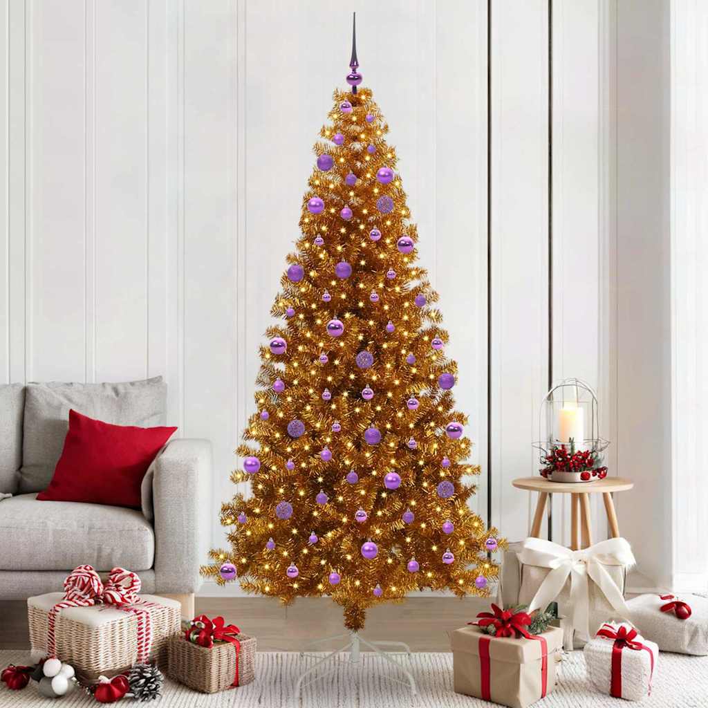 Christmas Tree with LED Light PET and Steel 210 cm Gold with 300 LEDs&lilac balls